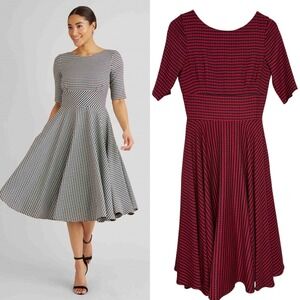 NWT Pretty Dress Company Houndstooth Midi Swing Dress | Red Black | SZ 4 (UK‎ 8)